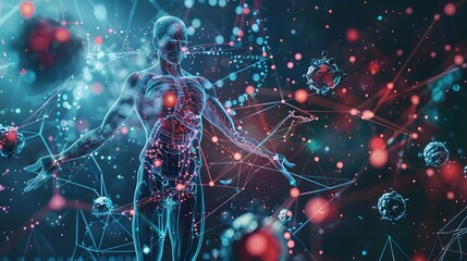 future of healthcare with an image of nanoscale drug delivery systems targeting specific cells in the body, revolutionizing the way we treat diseases.