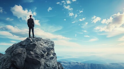 Businessman standing on a mountain peak, overlooking vast landscape under a clear blue sky.