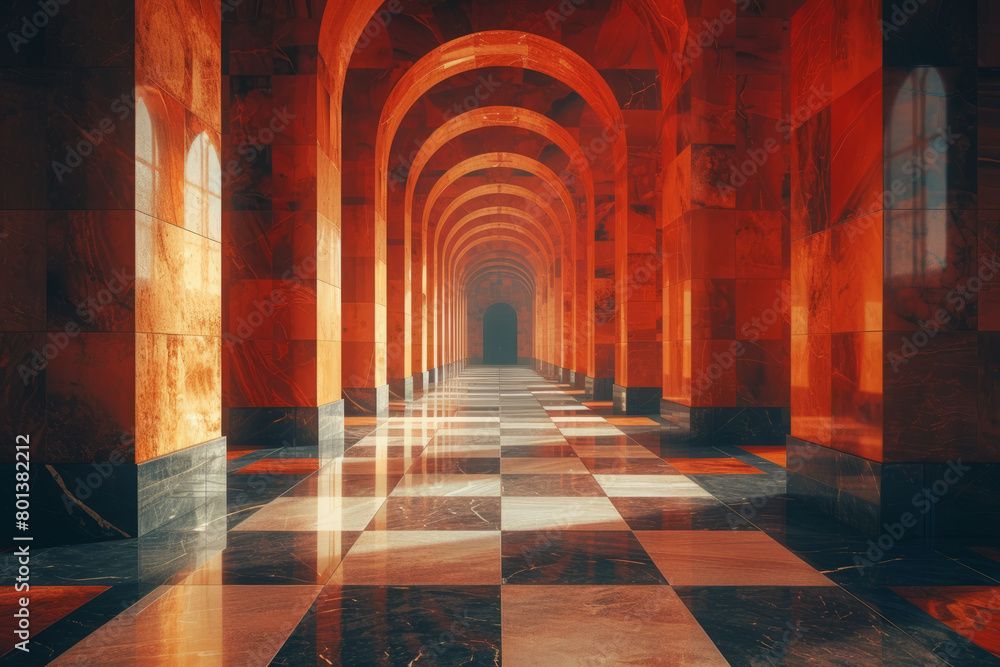 Aufkleber an infinite fractal hallway, with walls decorated in a self-similar pattern that recedes into the di