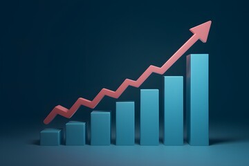 3D bar chart with blue shades rising left to right, pink zigzag line