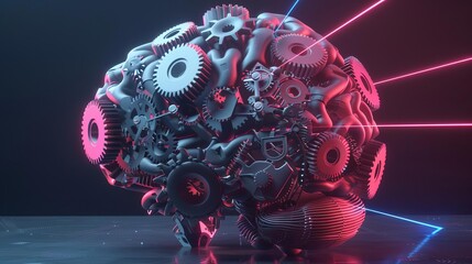 A 3D animation of a brain composed of moving gears and laser beams, representing the mechanical and digital aspects of AI in neural functions