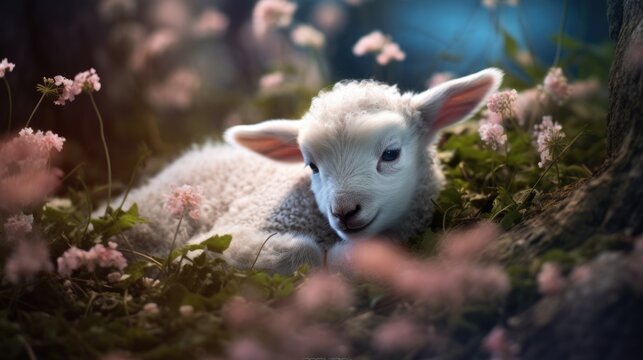 cute sleeping lamb in forest with wildflowers,  ai