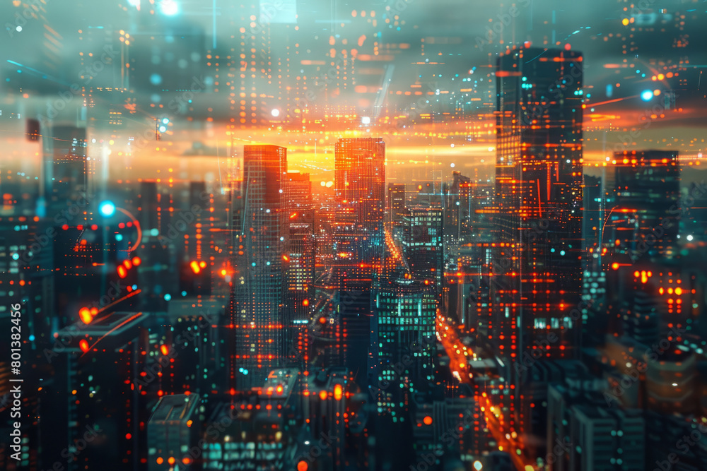 Poster a virtual cityscape where every building is constructed using fractal architectural principles,