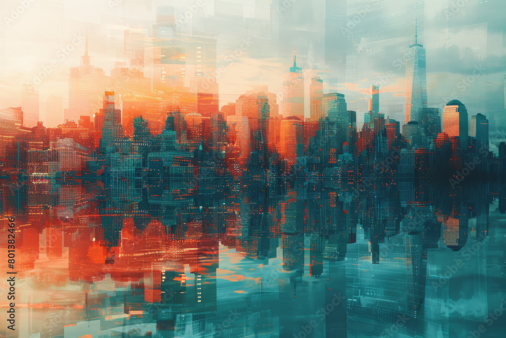 Poster a virtual cityscape where every building is constructed using fractal architectural principles,