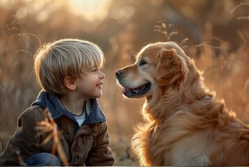Stunning high resolution photos of a handsome 5 year old boy looking lovingly at his dog.