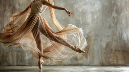 Ballerina dances in fluttering flowing cloth, in elegant form
