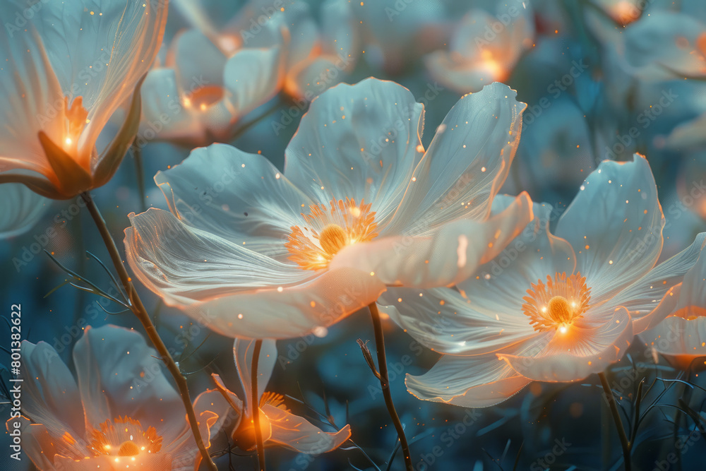 Aufkleber A flower garden where each petal is made of a translucent material that glows with internal light,