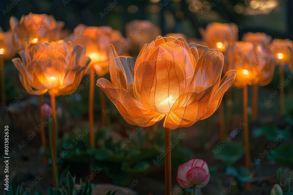 Poster a flower garden where each petal is made of a translucent material that glows with internal light,