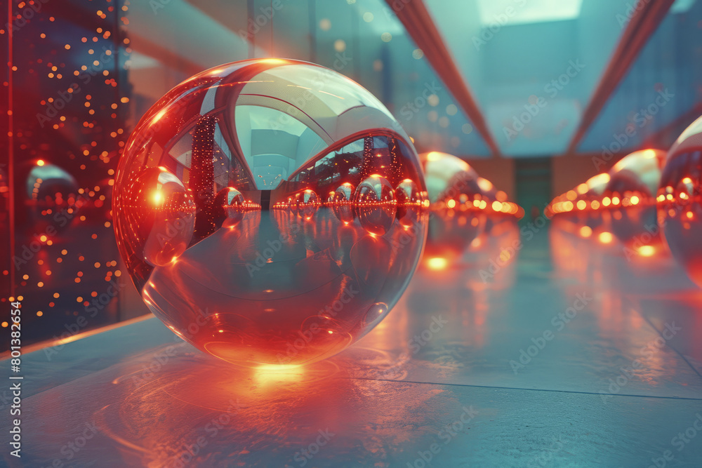 Leinwandbilder a series of floating orbs made of a material that mirrors their surroundings but distorts them like 