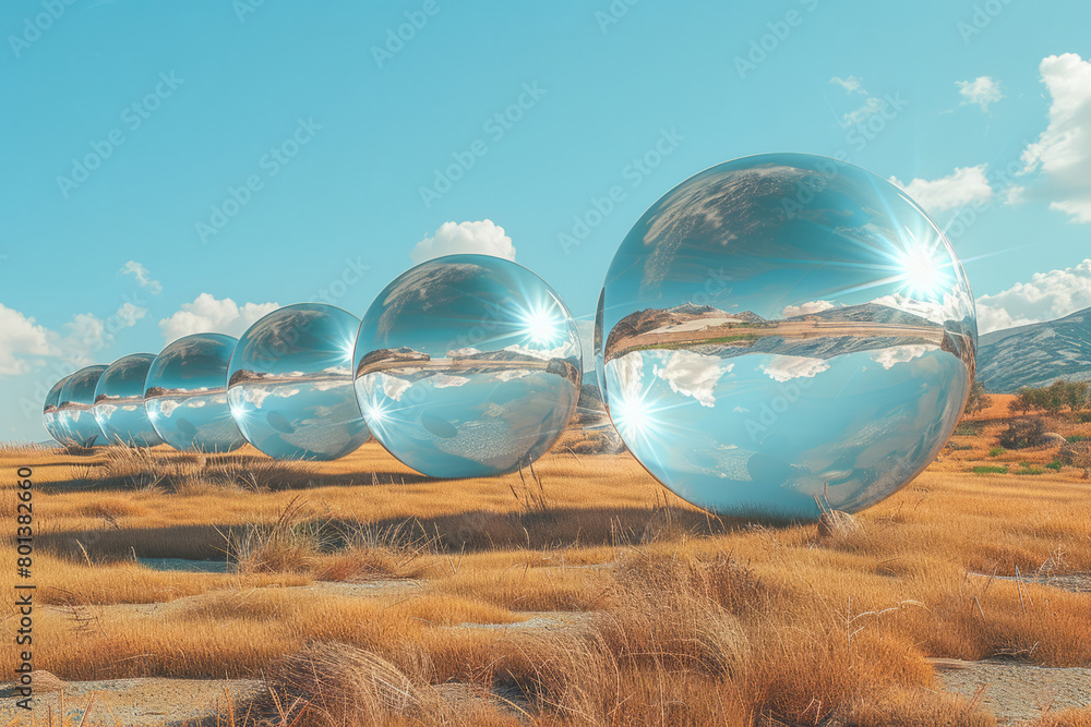 Aufkleber A series of floating orbs made of a material that mirrors their surroundings but distorts them like a funhouse mirror,