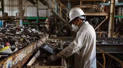 Worker in a white hard hat and mask examines electronic waste in a recycling plant.