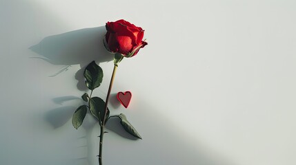 A vibrant red rose and a heart symbol stand out beautifully against a pristine white backdrop