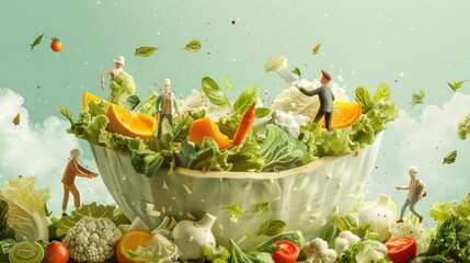 Vibrant bowl of salad with miniature people, symbolizing fresh diet and health. Nutrition concept.