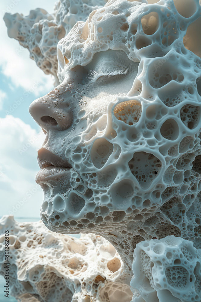 Poster a series of sculptures that appear made from clouds, constantly reshaping and moving gently,