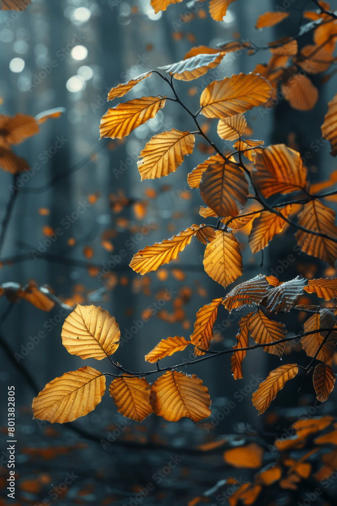 Poster a forest scene where the leaves are metallic and clink together in the wind, creating a symphony of 