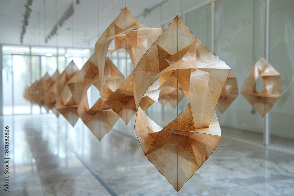 Leinwandbilder a series of geometric shapes hanging in a gallery, made of a material that gradually disappears and 