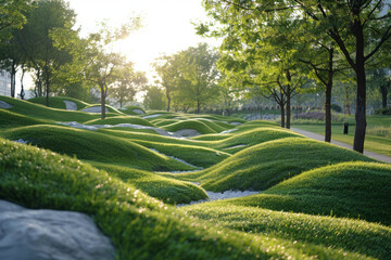 A futuristic city park where the grass is a soft rubber material that cushions and bounces,
