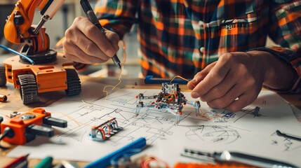 ingenuity of DIY robotics with a photo of a hobbyist brainstorming ideas and sketching designs for their next small robot project. - Powered by Adobe