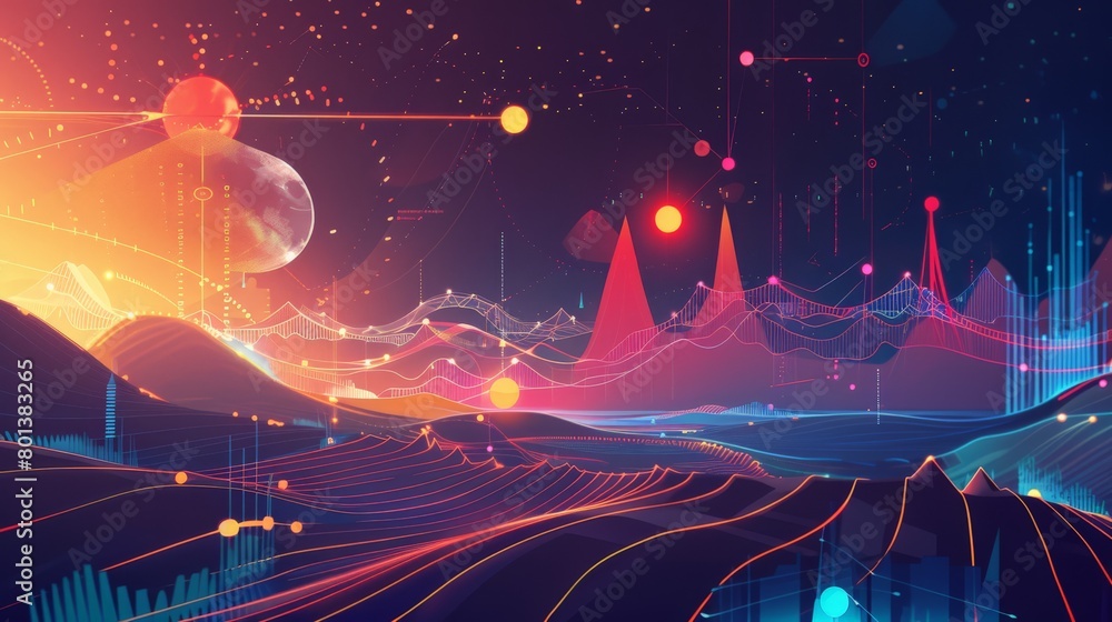 Poster Abstract tech landscape with data elements, symbolizing information flow. Digital network concept.
