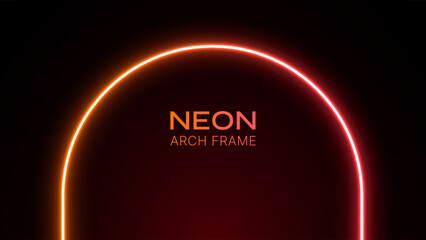 Neon arch light. Arc glow on a black background. 3D laser gate with gradient. Led tunnel in orange and red colors. Template for design with text.