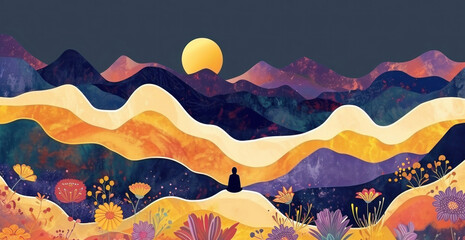 Mountainous Serenity A Colorful Abstract Painting of FlowerCovered Peaks with a Figure in the Foreground