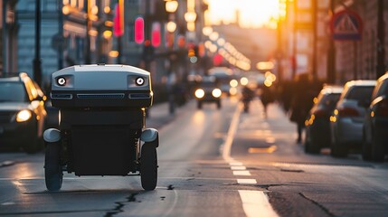 innovation of autonomous delivery robots with a photo of a robotic delivery vehicle navigating through city streets, delivering parcels with precision and efficiency.