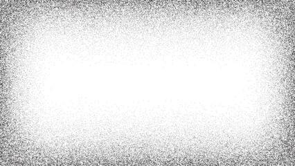 Noise dot frame gradient. Rectangular grain effect. Stipple pattern black background. Grunge texture border.