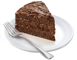 prato com fatia de bolo de chocolate com cobertura de calda de cacau ao leite isolado em fundo...