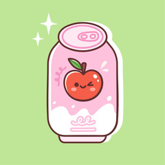 Can of apple flavored soda. Vector illustration of fresh soft drink in cute colorful style. Sweet and fruity summer beverage. 