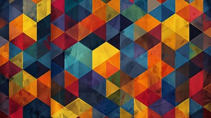 A geometric pattern made of multicolored triangles.