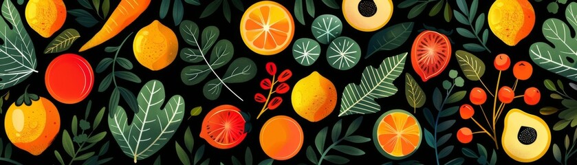 A seamless pattern with hand-drawn fruits and vegetables.