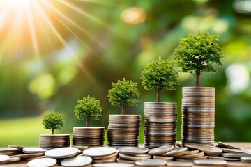 A peaceful scene of sunlight, growing trees on stacks of coins, representing growth and investment