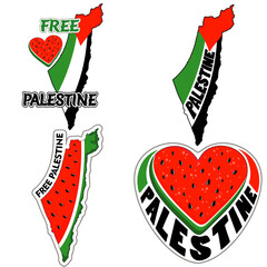 Free Palestine Text Logos with palestinian flag, palestine map, Watermelon Heart, Set of four Vector Graphic Logos
