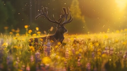 Majestic Stag Amid Vibrant Wildflowers at Ethereal Sunrise
