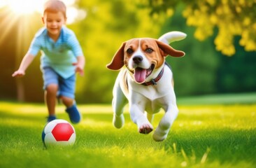 Boy and beagle dog playing ball on green grass in the park on a warm sunny day