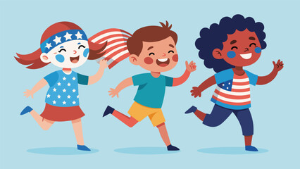 Children running around with American flag face paint laughing and playing together.. Vector illustration - obrazy, fototapety, plakaty