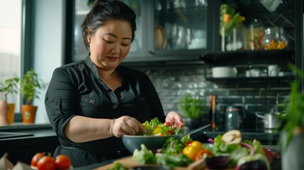 Asian chef in a modern kitchen preparing a colorful fresh vegetable salad.