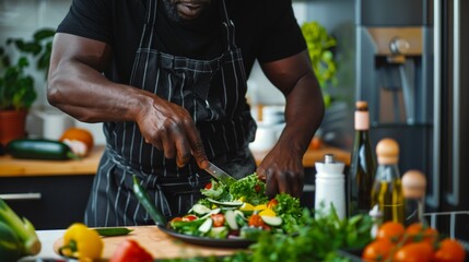 A muscular African American male chef chopping vegetables in a modern kitchen. - Powered by Adobe