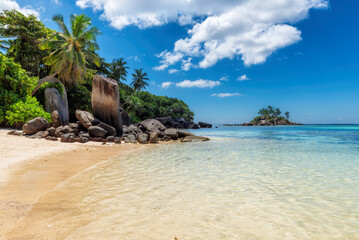 Beautiful beach in Seychelles island. Coconut palms, beautiful rocks and tropical sea.