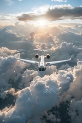  Private business jet flying above the clouds. Side view. Sky-high luxury with a private business jet.