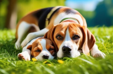 Mother beagle dog with her puppy are relaxing in the park on the green grass on a warm sunny day