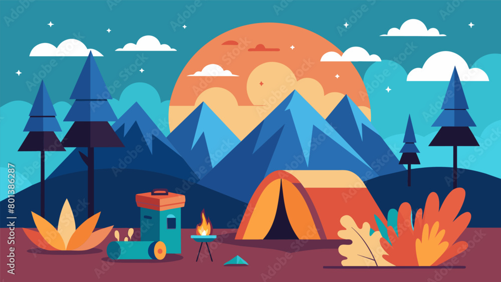 Poster camping in a remote location surrounded by nature and disconnected from technology and the stressors