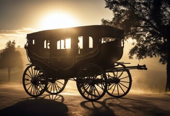 Fototapeta premium 'silhouette carriage illustration sunset sunrise romanticist romantic stardust love valentine sun red sky mountain landscape scenery wedding drag spring horse'