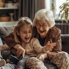 grandmother and granddaughter sitting on sofa