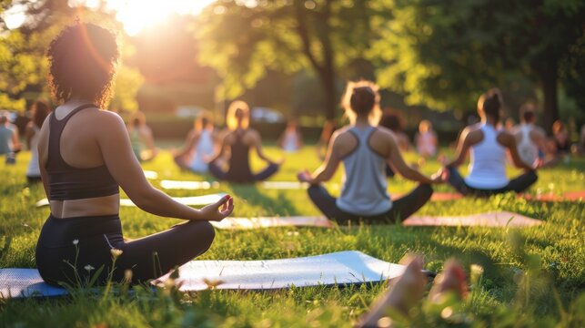 Group practicing yoga in a sunlit park, promoting mindfulness and community health