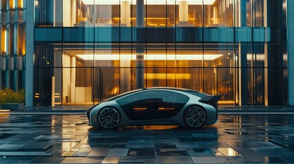 High-tech self-driving vehicle parked in front of a sleek office building.