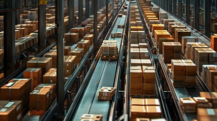 scale of e-commerce operations with an image of a massive warehouse filled with parcels on conveyor belts, highlighting the volume of online orders being processed.