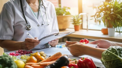 Doctor discussing nutrition and prescription medication with patient. Nutritional guidance to combat obesity and related health issues