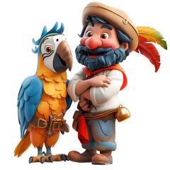 A 3D animated cartoon render of a friendly macaw offering a helping wing to a sailor in need.