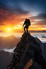 A mountain climber reaching the summit at sunrise, silhouetted against the bright sky with expansive views below